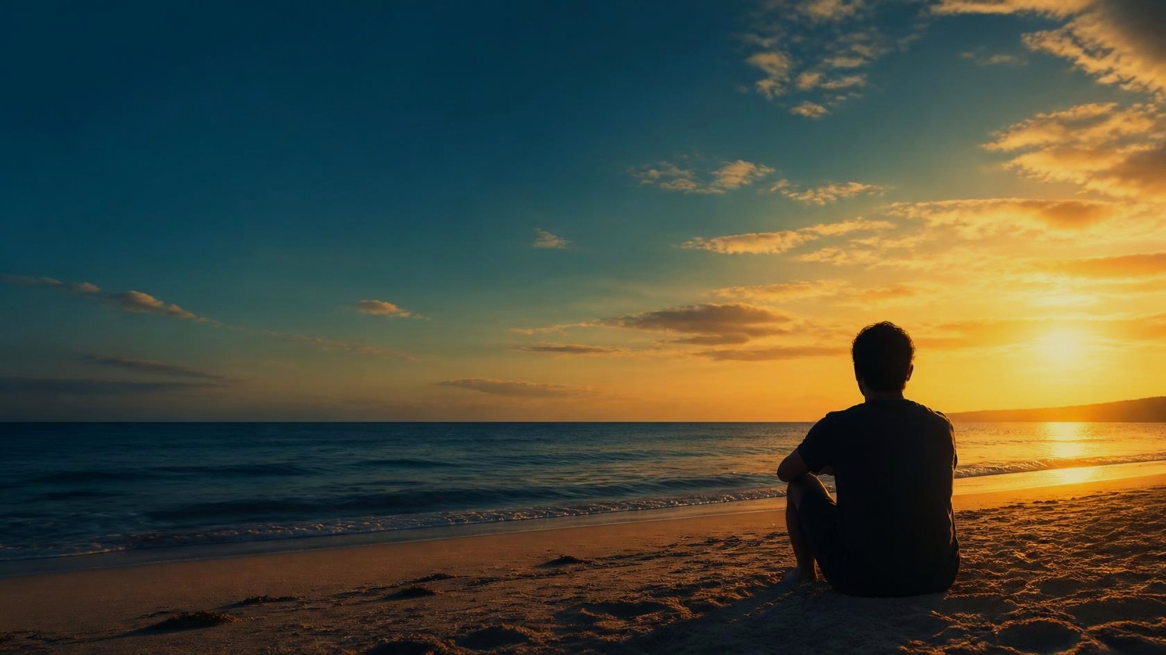 A person sitting alone on the beach at sunset, looking out at the ocean