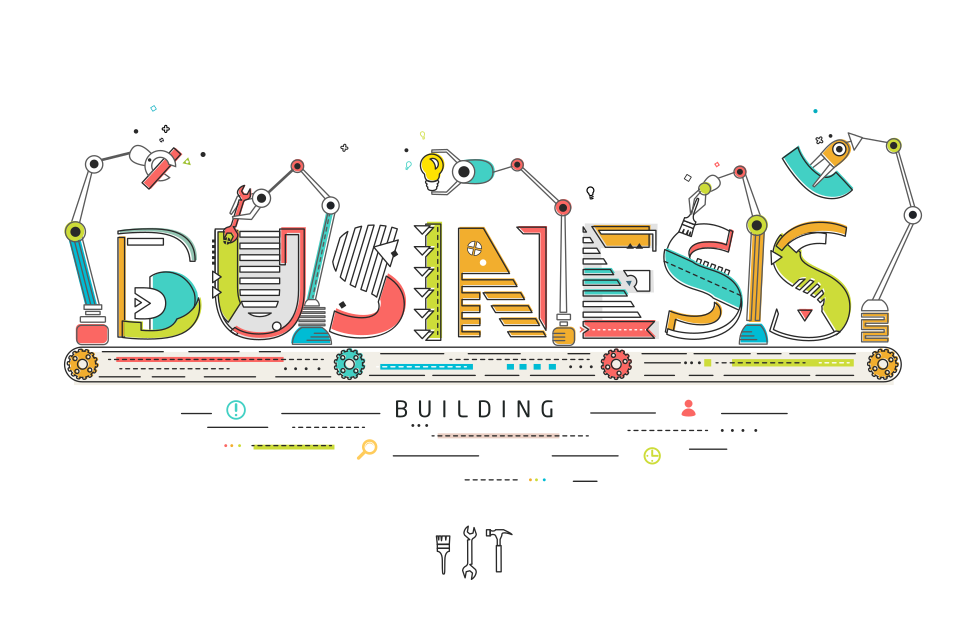 Illustration of the words Business Building styled as mechanical parts, gears, and tools