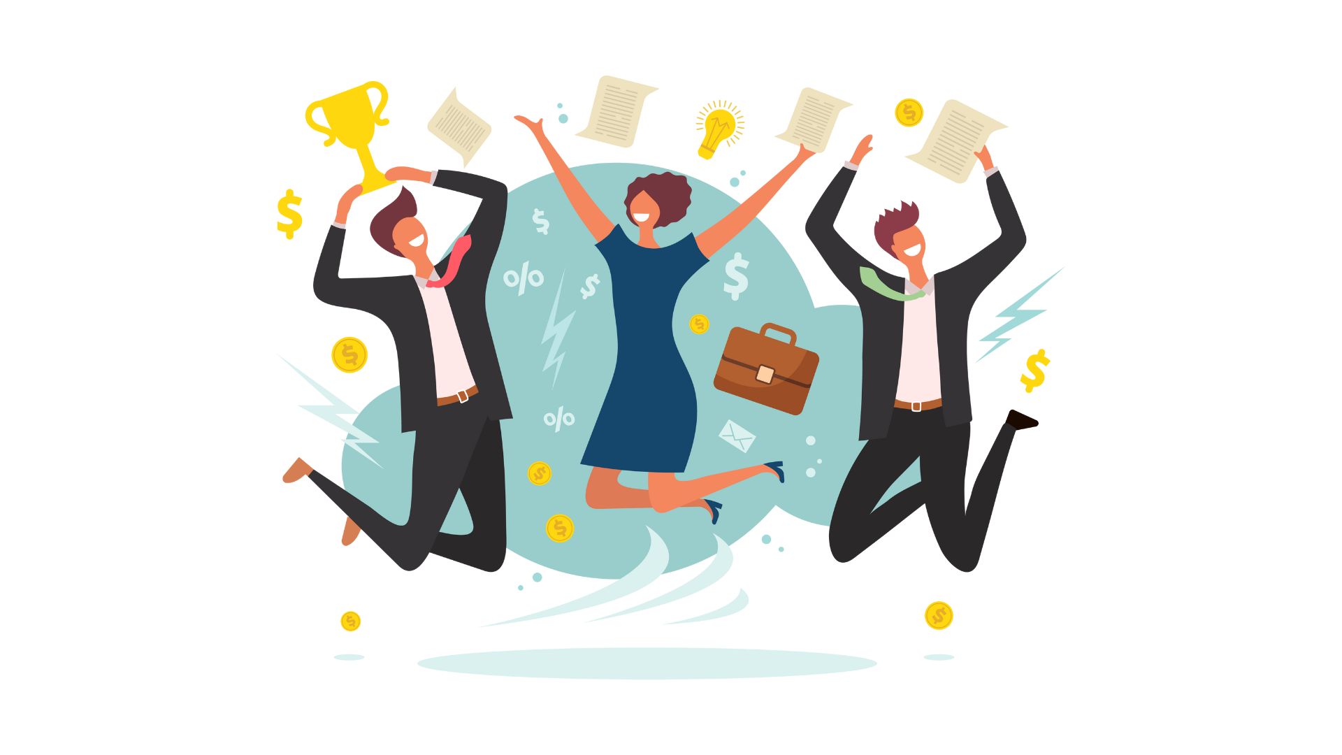 Illustration of three employees celebrating with a trophy, documents, and rising numbers