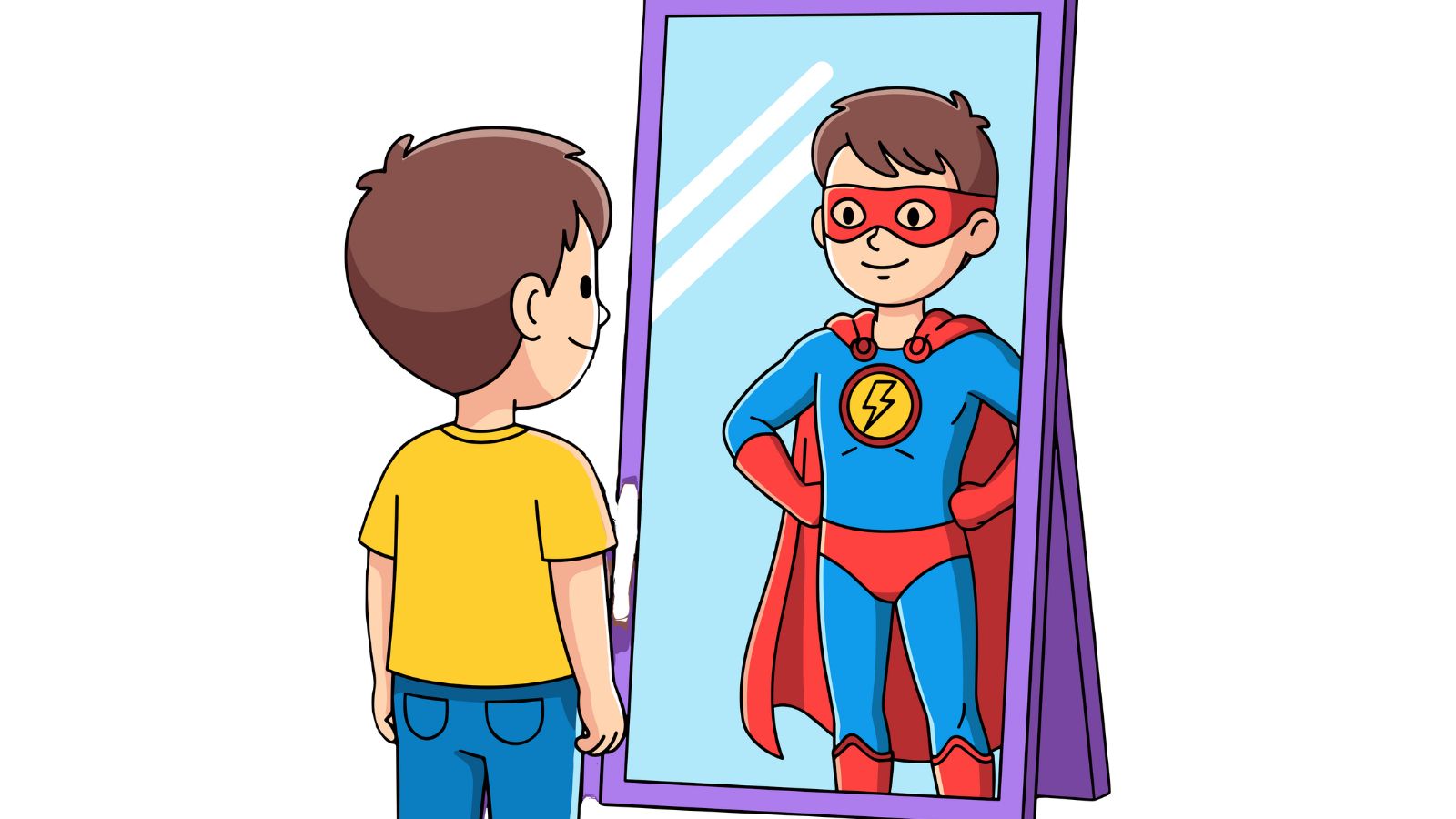 Illustration of a boy looking in a mirror and seeing himself as a superhero