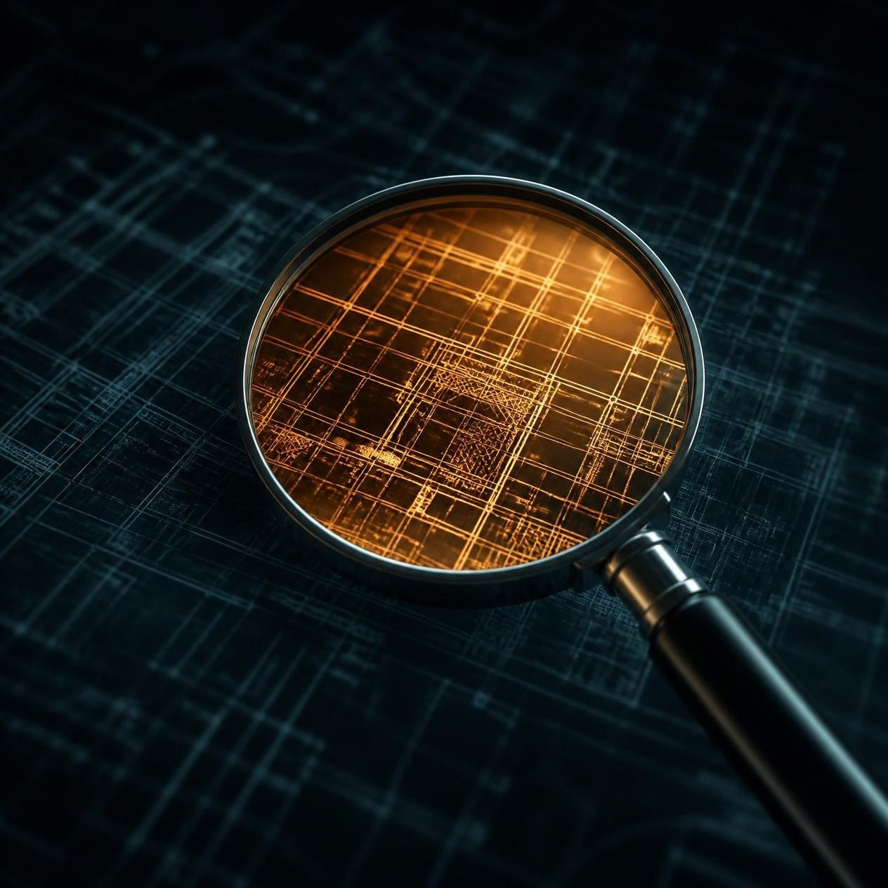 A magnifying glass bringing a tangled blueprint into sharp, clear focus
