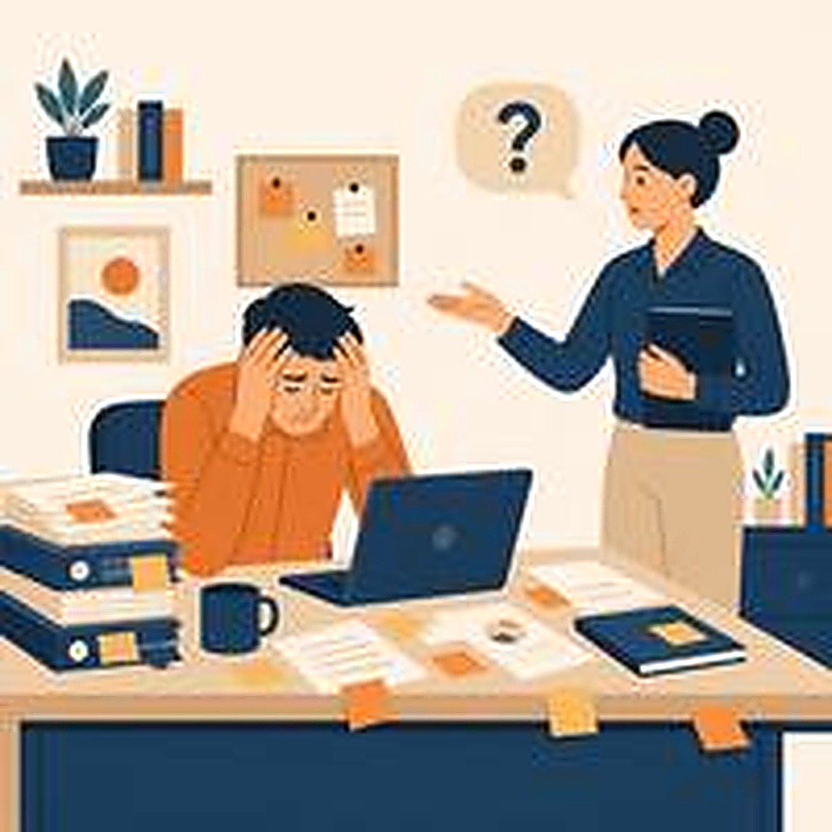An overwhelmed owner at a cluttered desk while an employee waits nearby with a question