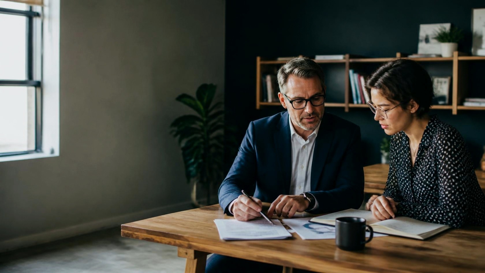 A business owner and an advisor reviewing documents together at a table